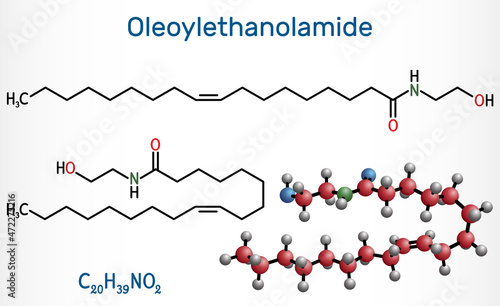 Oleoylethanolamide, oleoyl ethanolamide, OEA molecule. It is ethanolamide of oleic acid, monounsaturated analogue of endocannabinoid anandamide. Structural chemical formula, molecule model