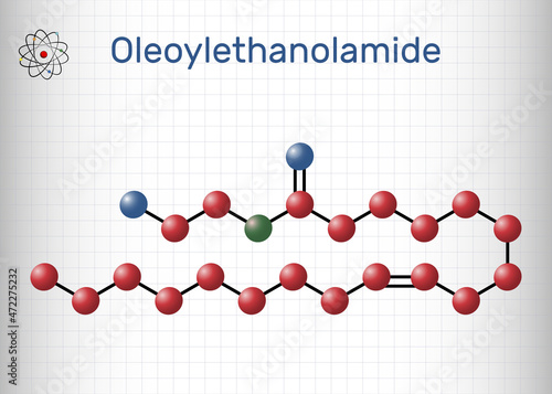 Oleoylethanolamide, oleoyl ethanolamide, OEA molecule. It is ethanolamide of oleic acid, monounsaturated analogue of endocannabinoid anandamide. Molecule model. Sheet of paper in a cage