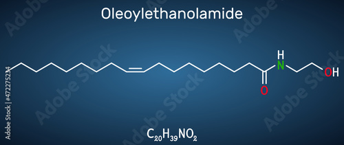 Oleoylethanolamide, oleoyl ethanolamide, OEA molecule. It is ethanolamide of oleic acid, monounsaturated analogue of endocannabinoid anandamide. Structural chemical formula on the dark blue background photo