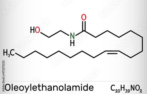 Oleoylethanolamide, oleoyl ethanolamide, OEA molecule. It is ethanolamide of oleic acid, monounsaturated analogue of endocannabinoid anandamide. Skeletal chemical formula