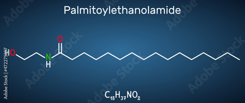 Palmitoylethanolamide, palmitoyl ethanolamide, palmidrol, PEA molecule. It is endogenous fatty acid amide, used as prophylactic of respiratory viral infection. Structural formula, dark blue background