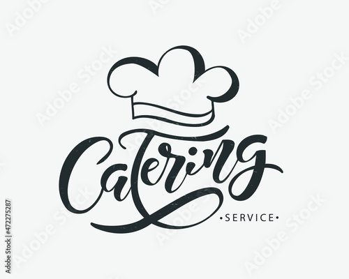 Template of catering service company logo. Hand sketched lettering typography. 
Vector logo design. Outdoor events and restaurant service logo isolated on black background. 