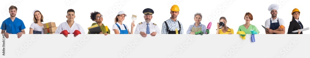 Profession workers with empty banner