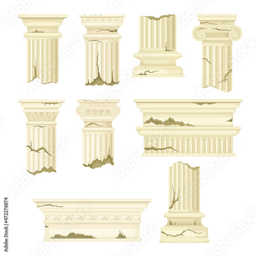Broken marble pillars set. Stone column ruins, ancient building architectural element vector illustration