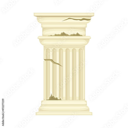Ancient marble pillar, stone column ruin, old temple architectural element vector illustration