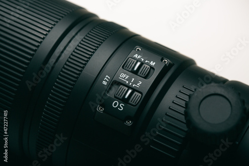 Macro closeup of camera lens image stabilization button