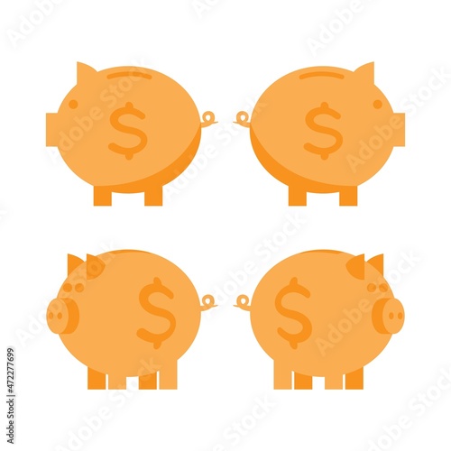 Piggy bank in flat and cartoon style in different rotated positions. Vector image for web design on a white background.