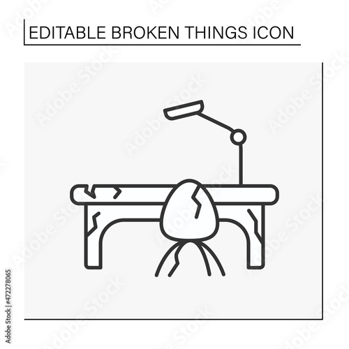 Furniture line icon. Smashed workplace. Destroyed desk, lamp and chair. Vandalism in office. Broken things concept. Isolated vector illustration. Editable stroke