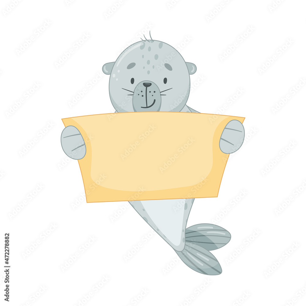 Cute baby seal holding blank paper banner. Funny adorable arctic animal character cartoon vector illustration