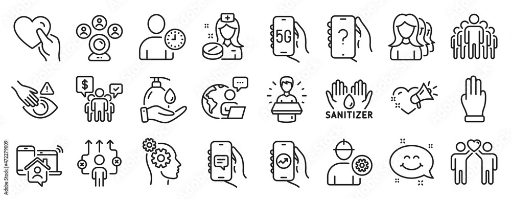 Set of People icons, such as Business way, Ask question, 5g internet icons. Women headhunting, Brand ambassador, Chat app signs. Wash hands, Time management, Love message. Video conference. Vector