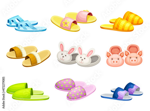 Pairs of comfortable slippers set, Soft textile footwear for home, flip flops shoes cartoon vector illustration