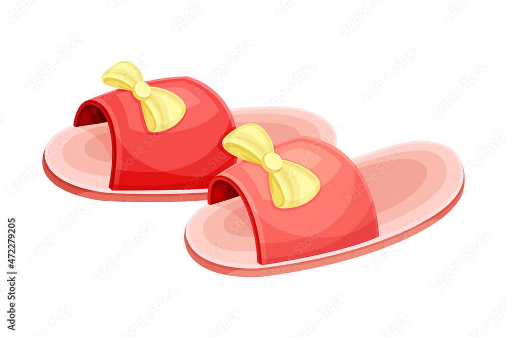Pair of red slippers with bow, soft comfortable textile footwear for home cartoon vector illustration Pair of red slippers with bow, soft comfortable textile footwear for home cartoon vector illustration
