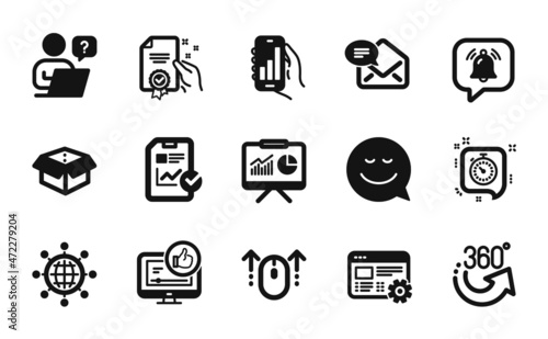 Vector set of Report checklist, Notification bubble and Like video icons simple set. Timer, 360 degrees and International globe icons. Swipe up, Analysis app and Smile signs. Vector