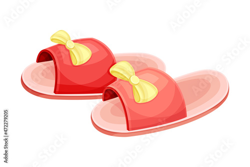 Pair of red slippers with bow, soft comfortable textile footwear for home cartoon vector illustration
