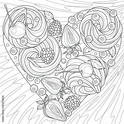 Homemade Apple marshmallow in the shape of a heart.Coloring book antistress for children and adults. Illustration isolated on white background.Zen-tangle style. Hand draw