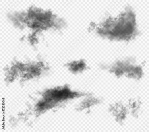 Set of the 7 dark gloomy vector realistic clouds isolated on white semi transparent background. Black smoke from fire or conflagration. Else useful for halloween or another fearfull theme