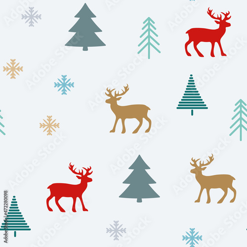 seamless christmas pattern with deer, spruce, snowflakes on a white background. festive pattern for wallpaper, textile, fabric in new year, christmas. texture for gift wrapping, vector illustration