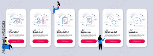 Set of Education icons, such as Video file, Checklist, Opinion icons. UI phone app screens with teamwork. Work home, Checkbox, Approved message line symbols. Vector
