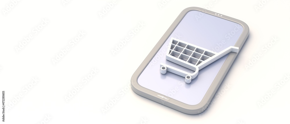Online shop, ecommerce. Shopping cart on a minimal mobile phone, white background. 3d illustration Online shop, ecommerce. Shopping cart on a minimal mobile phone, white background. 3d illustration
