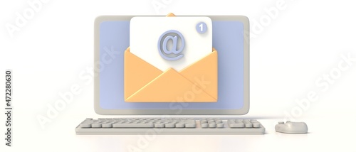 Email notification, one inbox e mail, envelope message on a minimal computer screen. 3d illustration photo