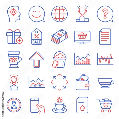 Line icons set. Included icon as Trade infochart, Bombon coffee, Upload signs. Recruitment, File, Maximize symbols. Infochart, Tea cup, Upload file. Sale coupon, Add gift, Headhunting. Vector
