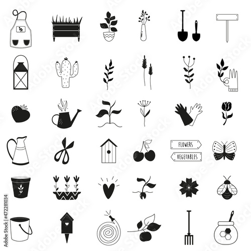 Big set of gardening icons. Vector collection of flower pots, plants, tools, vegetables.