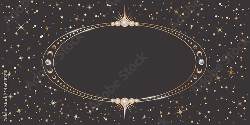 Ornate celestial card template. Festive dark vector astrological background with a copy space. Oval shiny golden frame with stars, gems, pearls, moon phases and place for text on a black backdrop