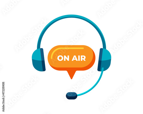 Radio broadcast or podcast studio logo. Headphones with microphone and chat speech bubble and on air inscription. Vector eps illustration