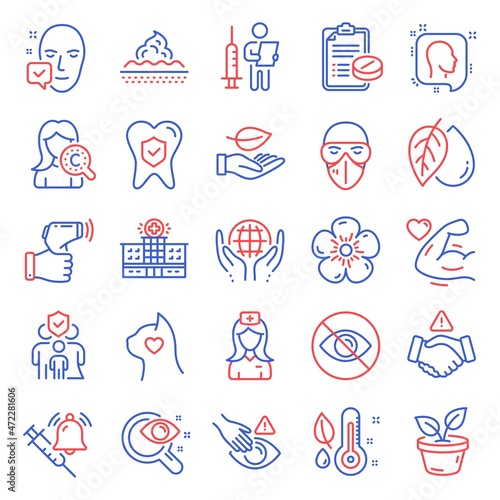 Healthcare icons set. Included icon as Hospital nurse, Medical mask, Skin care signs. Strong arm, Mineral oil, Vaccination announcement symbols. Hospital building, Leaf, Dont touch. Head. Vector