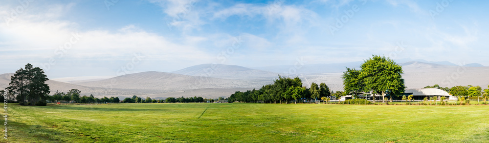 Green grass field and mountain in horizon