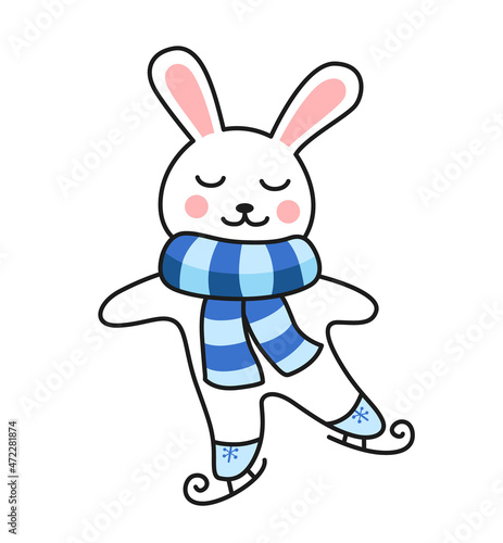 Ice skating rabbit in blue striped scarf. Cute cartoon bunny character. Colored vector illustration for pin, sticker patch, badge, greeting card, postcard.