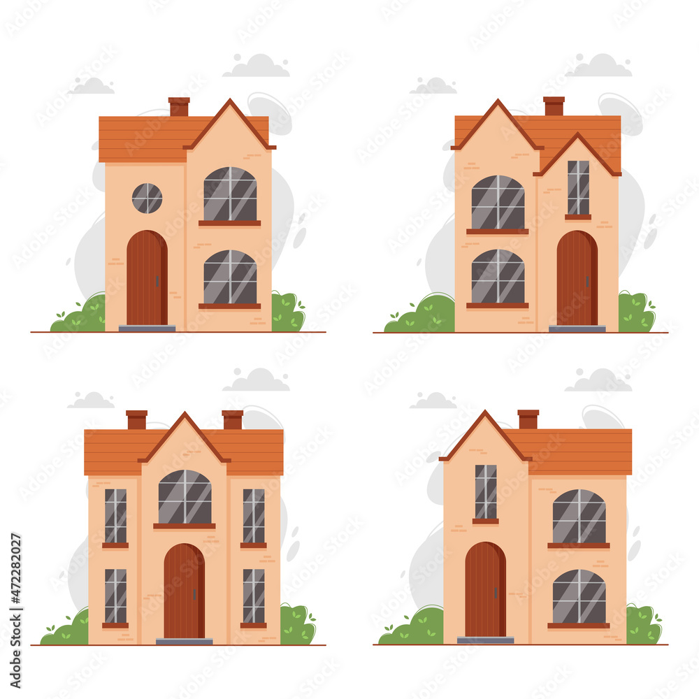 Set of suburban or country two-storey family house with big windows and chimney. Modern villa, cottage or townhouse concept. House facade and exterior vector illustration.