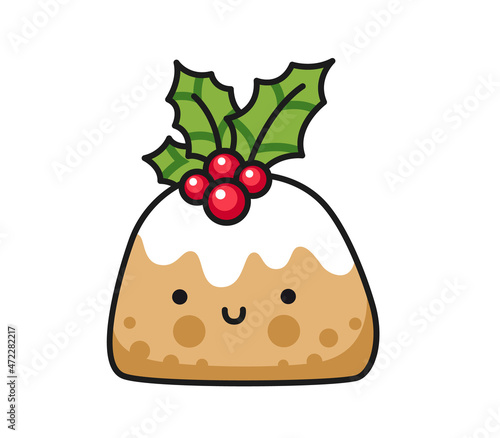 Christmas cake with holly, pudding. Holiday decoration, traditional christmas treat, design element. Vector colored isolated illustration for pin, sticker, patch, badge, greeting card.