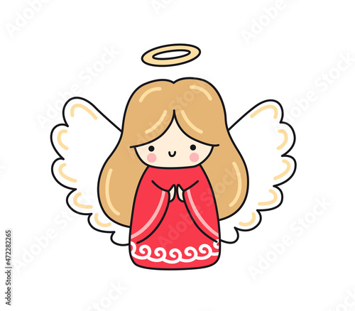 Christmas cherub, angel with halo. Cute girl with wings. Colored flat vector isolated illustration. Cartoon character for pin, print, sticker, patch, badge, postcard.