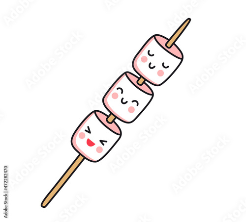 Cute little marshmallow on stick. Colored flat vector isolated illustration. Cartoon kawaii characters for pin, print, sticker, patch, badge, postcard.