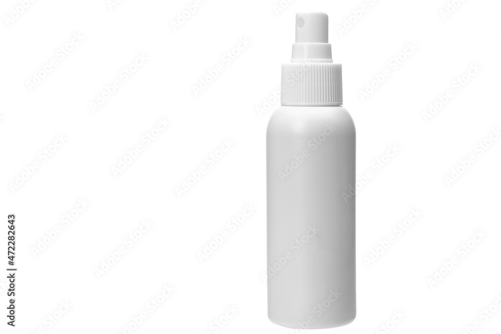Matted opaque plastic white bottle with disinfectant spray spray, health care hygiene product container, isolated object on white background with copy space, nobody. Matted opaque plastic white bottle with disinfectant spray spray, health care hygiene product container, isolated object on white background with copy space, nobody.