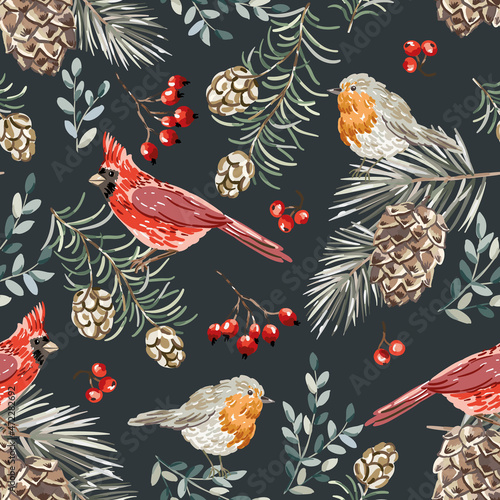 Christmas seamless pattern, cardinal, robin birds, red berries, fir twigs, cedar cones, black background. Vector illustration. Nature design. Season greeting. Winter Xmas holidays