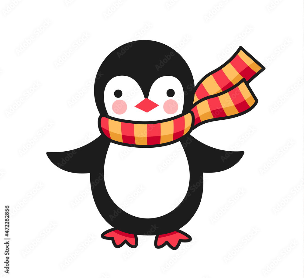 Kawaii penguin in striped scarf. Cute cartoon animal character. Funny cute colored vector illustration for print, postcard, greeting card, sticker and pin. Kawaii penguin in striped scarf. Cute cartoon animal character. Funny cute colored vector illustration for print, postcard, greeting card, sticker and pin.