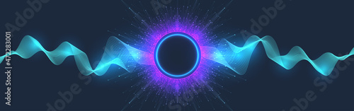Quantum computer technology banner design template concept, gravitational wave. Deep learning artificial intelligence. Big data algorithms visualization for business, science, technology illustration.