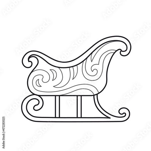 Christmas sleigh with winter ornament. Outline illustration. Vector isolated emblem for logo, coloring book, tattoo, print.