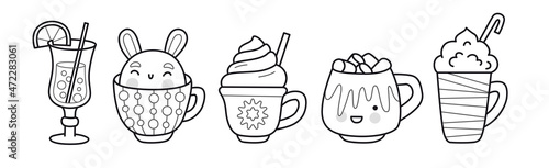 Mulled wine, irish coffee with whipped cream, latte with marshmallows, cacoa drinks. Outline illustration. Collection of hot beverages. Vector isolated emblem for logo, coloring book, tattoo, print. photo