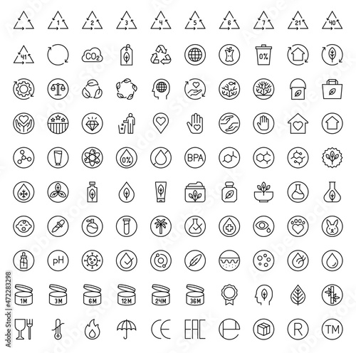 Natural cosmetic label line icon set, vector illustration