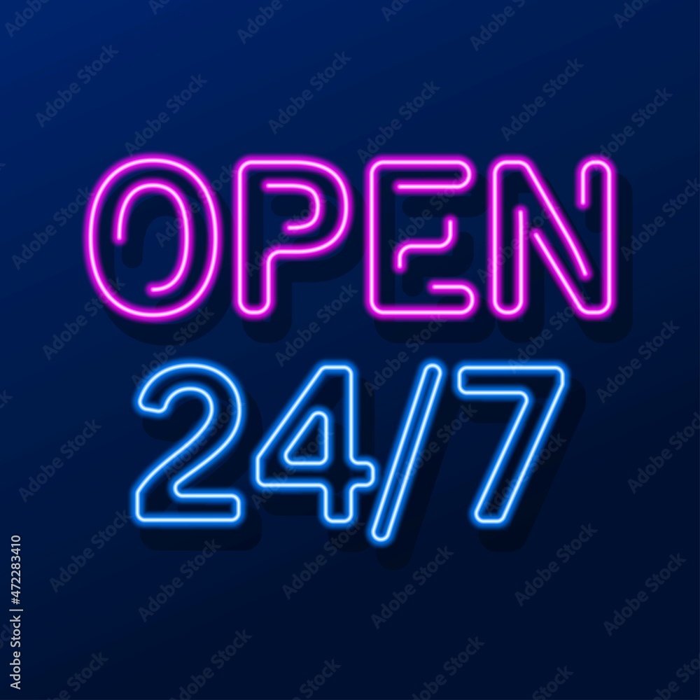 open 24 neon sign, modern glowing banner design, colorful modern design trends. Vector illustration. open 24 neon sign, modern glowing banner design, colorful modern design trends. Vector illustration.