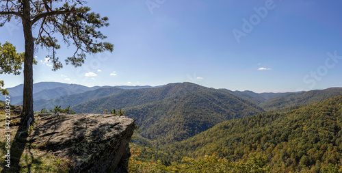 High resolution panorama of the Blue Ridge Mountains from a dramatic overlook at daytime in autumn. photo