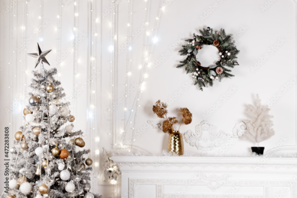 Cozy Christmas home interior. New year decoration. Blur, boke background.