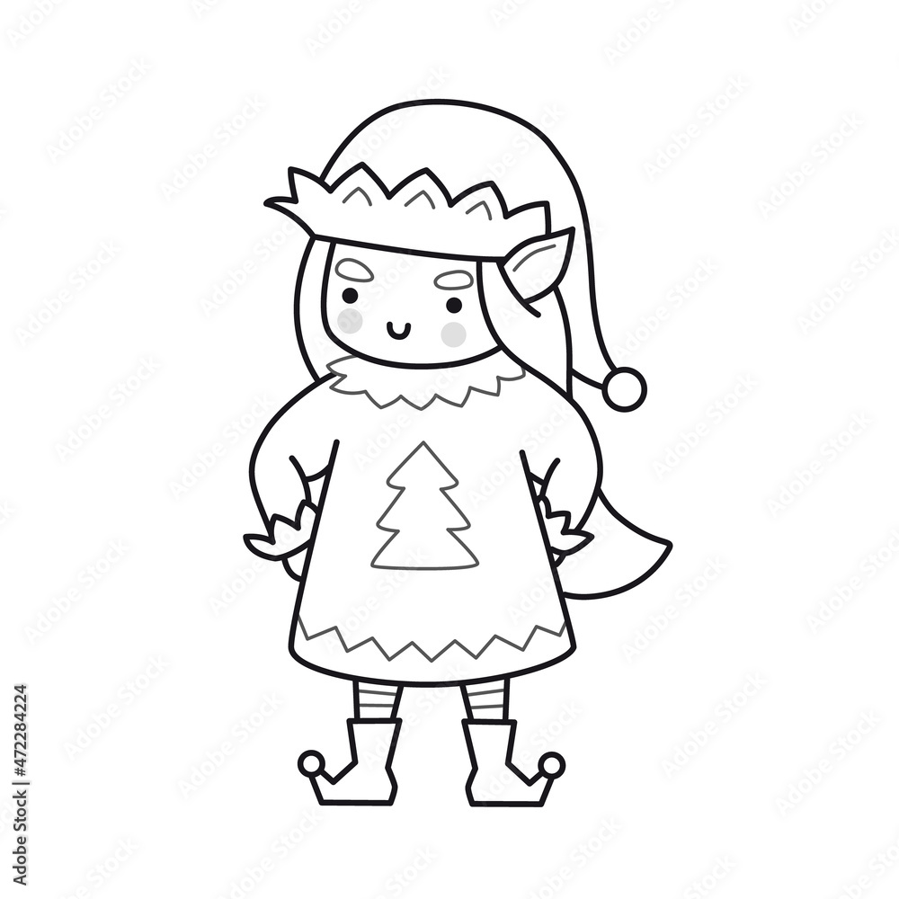 Christmas elf girl. Female cartoon character. Funny cute outline illustration. Vector isolated emblem for logo, coloring book, tattoo, print.