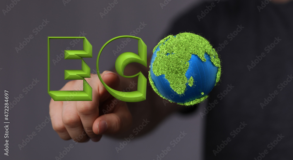 Eco word on the background of green leaves of carrots. plantation. Agriculture. harvest. Environmentally friendly, climate change Eco word on the background of green leaves of carrots. plantation. Agriculture. harvest. Environmentally friendly, climate change