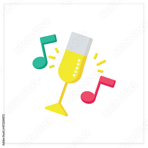Bar party flat icon. Celebration, event, alcohol party. Champagne or wine glass. Restaurant, night club music. Cocktail party and drinking establishment concept. 3d vector illustration