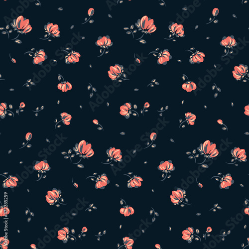 Seamless pattern with pink flowers, dark leaves on a dark blue background. Cute floral print in a romantic vintage style. Abstract composition of small flowers and leaves.  Vector.