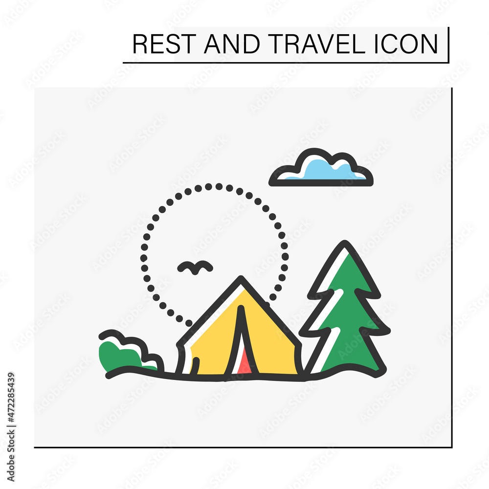 Camping color icon. Touristic overnight stay in a tent or recreational vehicle. Picnic. Adventure tourism. Green, eco-tourism. Tourism types concept. Isolated vector illustration Camping color icon. Touristic overnight stay in a tent or recreational vehicle. Picnic. Adventure tourism. Green, eco-tourism. Tourism types concept. Isolated vector illustration